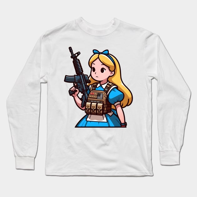 Tactical Wonderland Odyssey Tee: A Unique Twist on Alice's Journey Long Sleeve T-Shirt by Rawlifegraphic